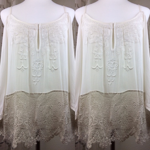 Ecote Ivory Lace Off Shoulder Bohemian Shirt XS - Picture 4 of 7